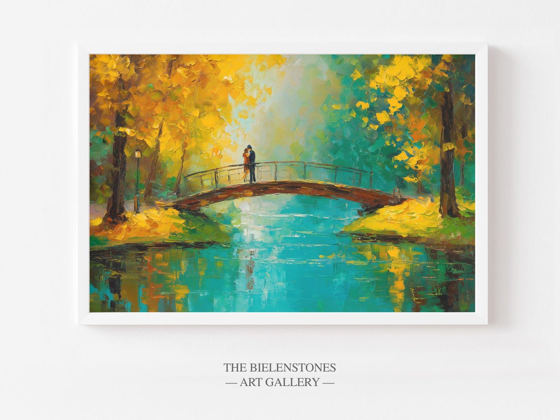Romantic Couple on Bridge Autumn Park Lake Golden Trees Poster