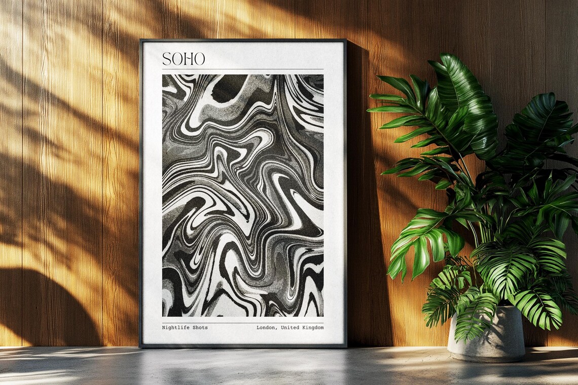 Soho London Monochrome Marble Swirl Poster Nightlife Shots Urban Decor
