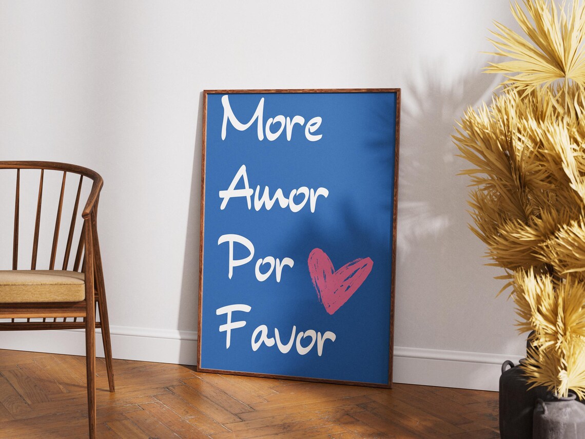 More Amor Por Favor Blue Handwritten Love Quote Poster Pink Heart Art - Image 2