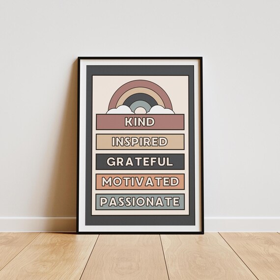 Retro Rainbow Kind Inspired Grateful Affirmation Quote Poster