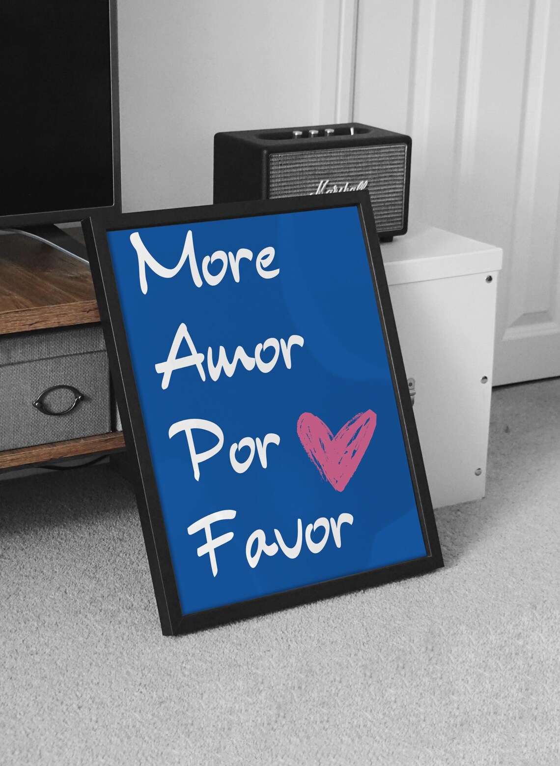 More Amor Por Favor Blue Handwritten Love Quote Poster Pink Heart Art - Image 3