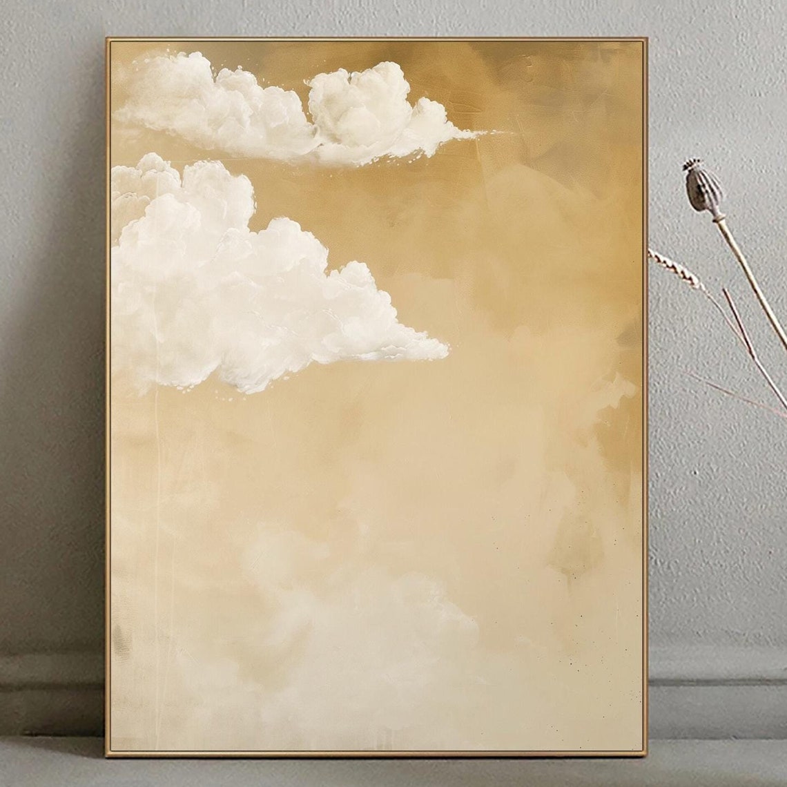 Large White Cloud Abstract Painting Neutral Beige White Wall Decor Modern Texture Wall Art Framed Oil Painting Living Room Wall Art