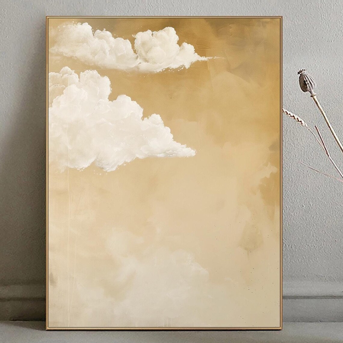 White Clouds on Golden Ochre Sky Warm Minimalist Landscape Art Poster