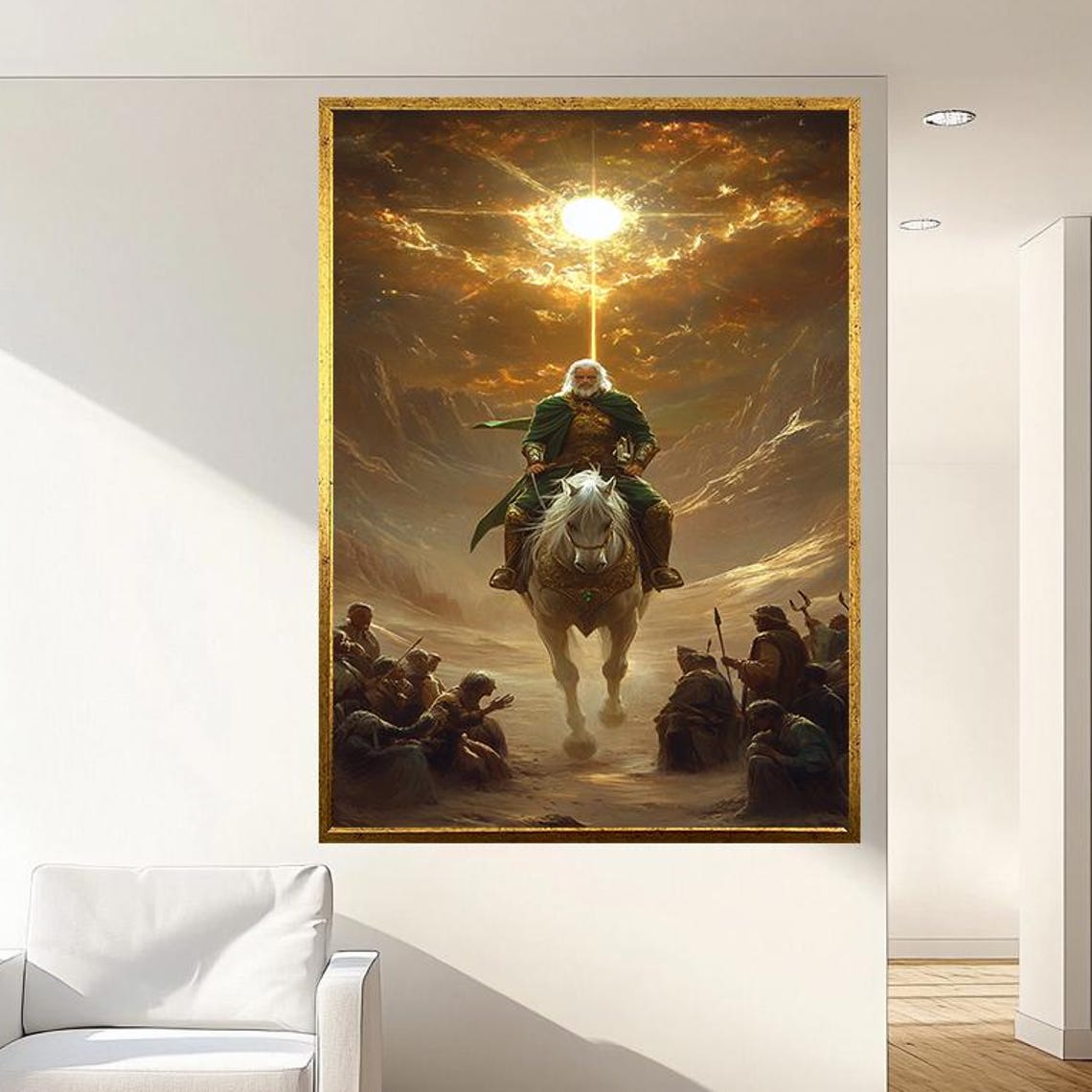Ancient Warrior on White Horse Beneath a Heavenly Light Poster