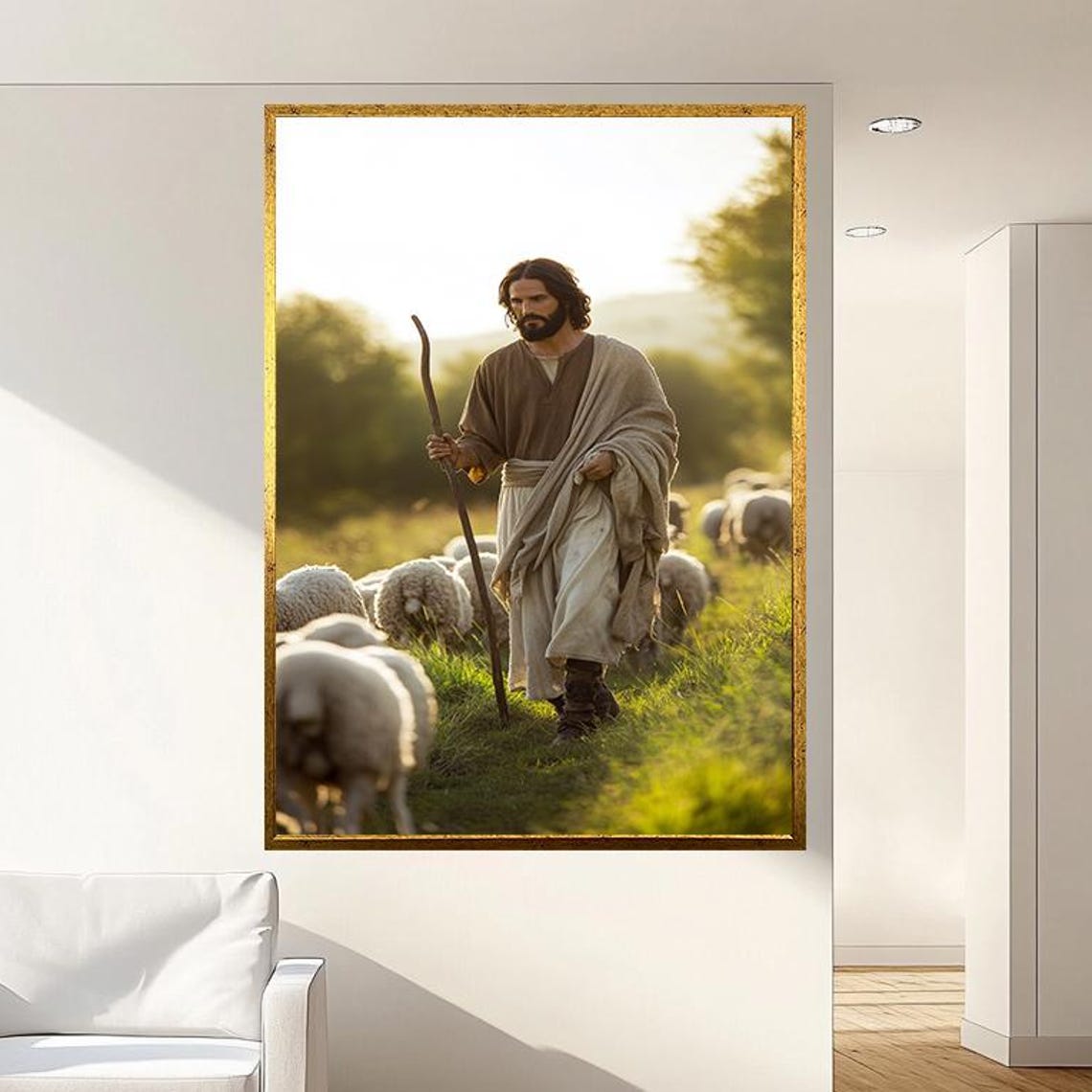 Jesus the Good Shepherd Walking with His Sheep at Sunset Poster