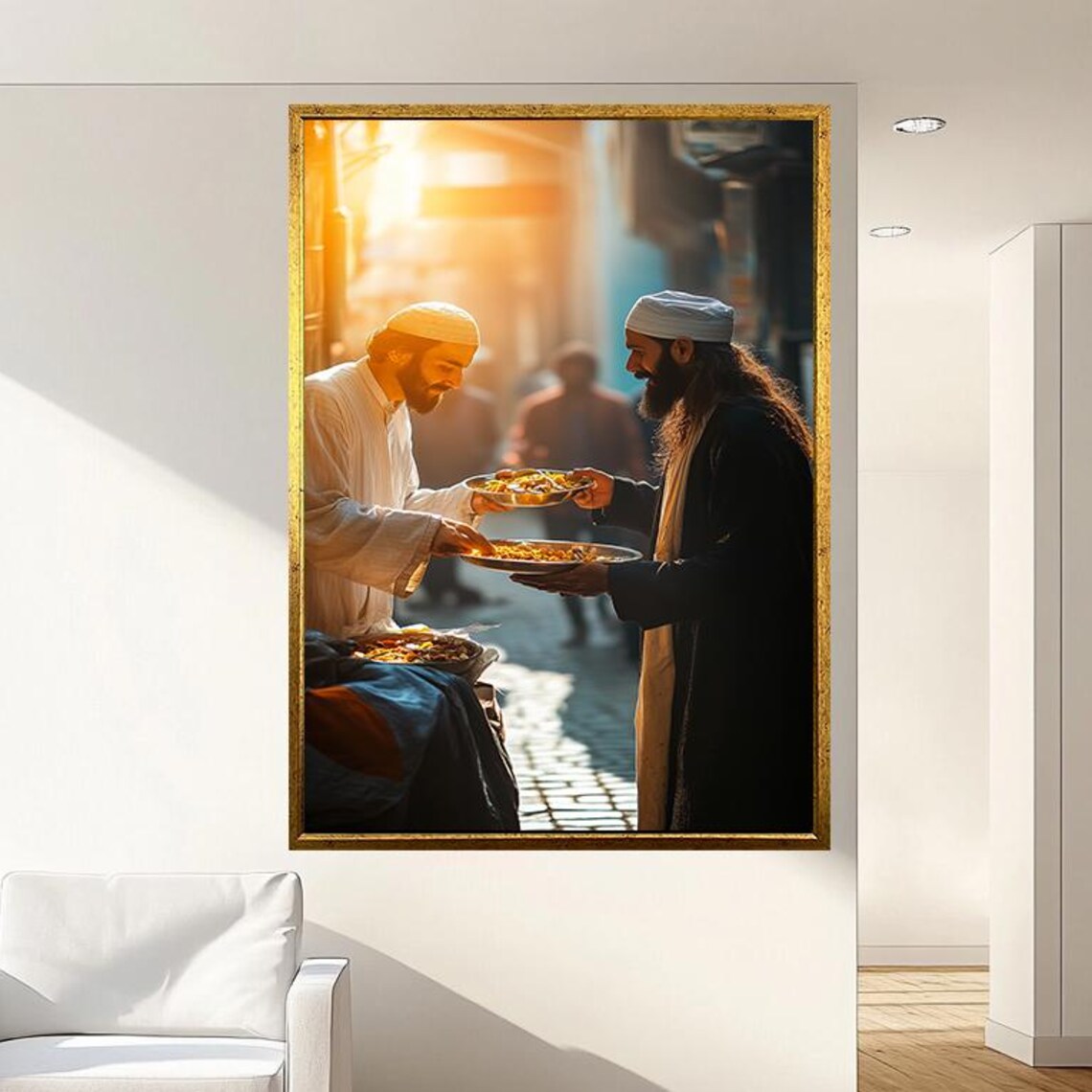 Two Middle Eastern Men Sharing Food On An Old Street At Sunset Poster