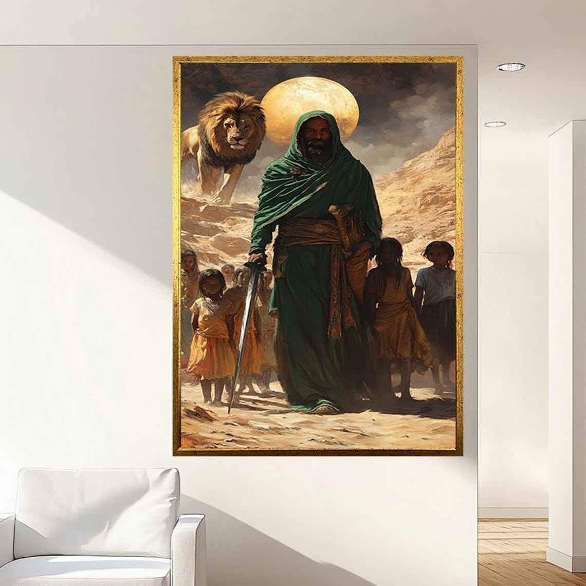 Hooded Warrior with Sword and Lion Guarding the Children Poster