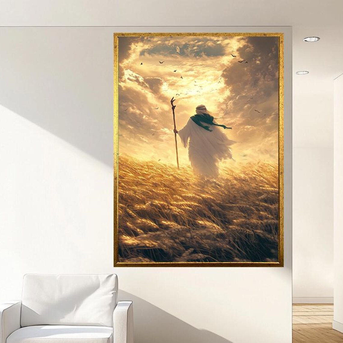 Robed Figure With Staff Crossing A Golden Wheat Field At Sunset Poster