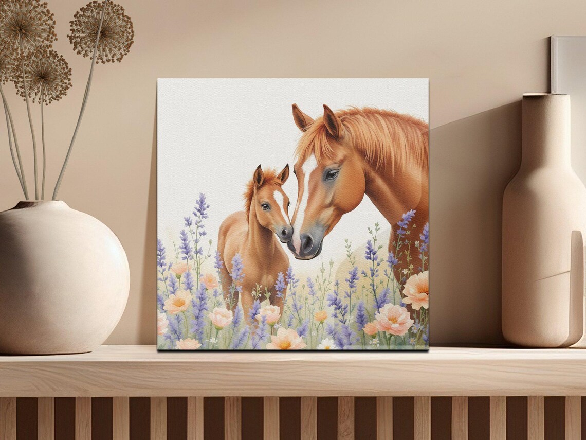Horse and Foal Nuzzling in Wildflowers Watercolor Nursery Poster - Image 2