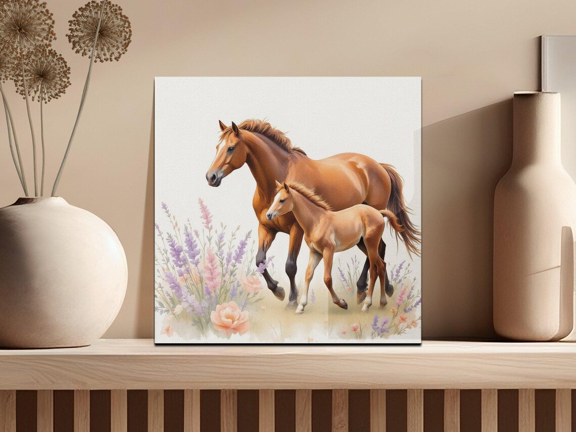 Chestnut Horse and Foal Walking in Lavender Watercolor Poster - Image 2