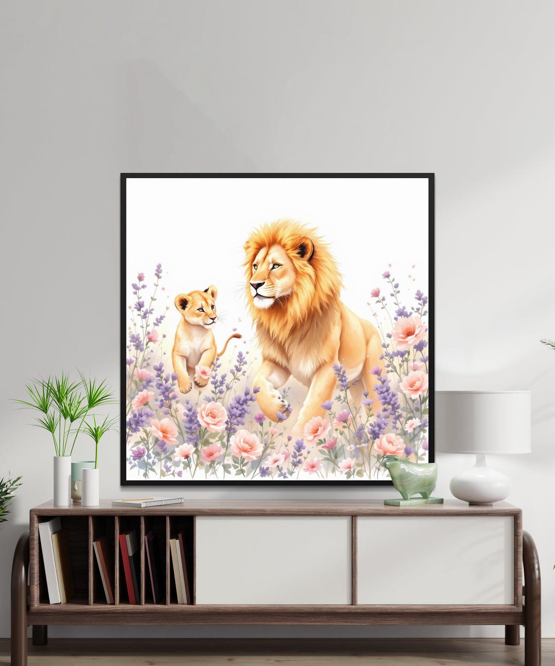 Lion and Cub Walking in a Wildflower Field Watercolor Poster