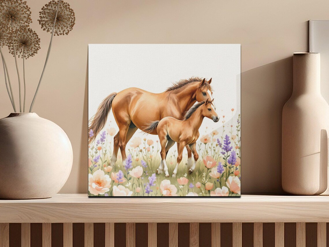 Horse and Foal in a Peach Wildflower Meadow Watercolor Poster - Image 2