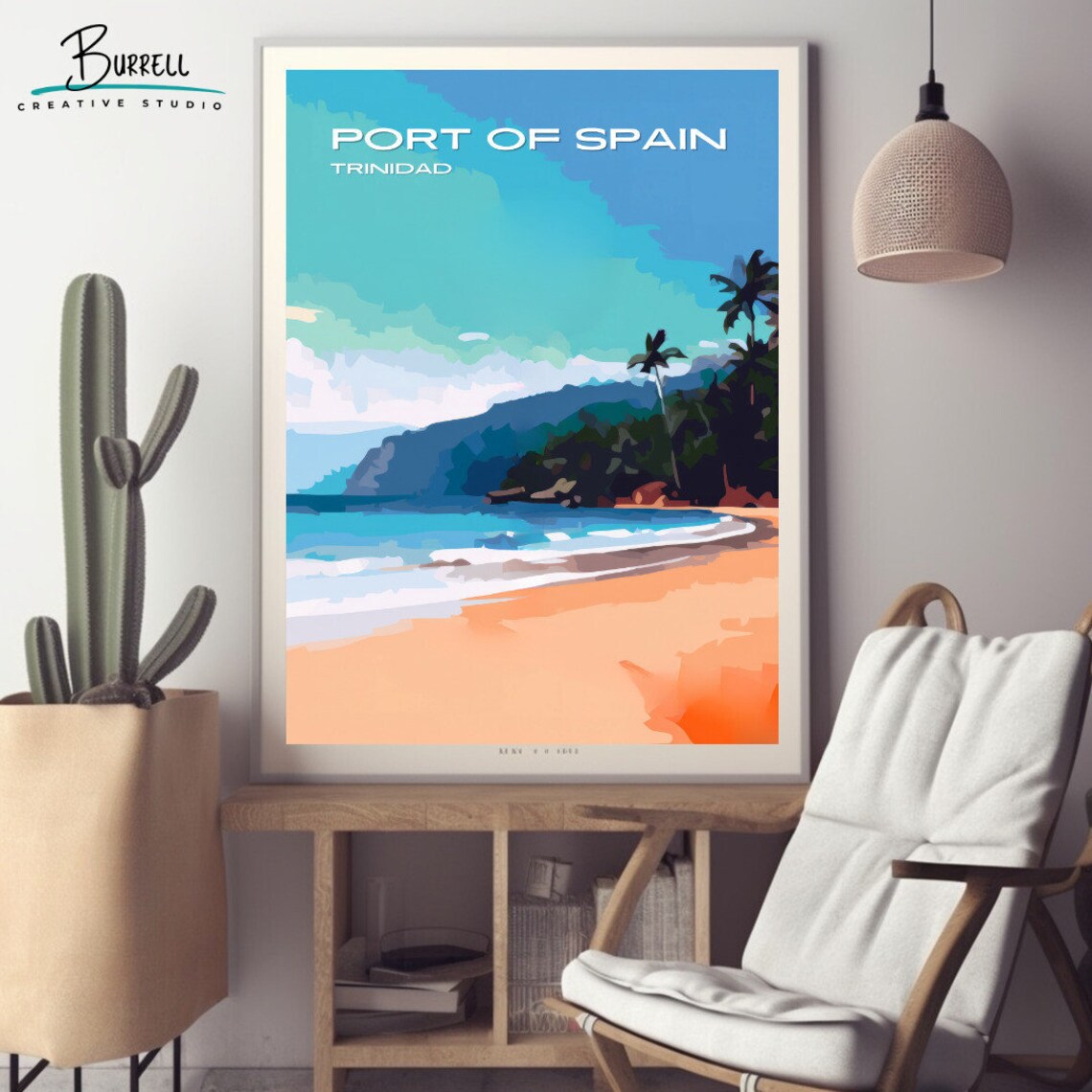 Port of Spain Trinidad Golden Beach Cliffs Palm Shore Travel Poster - Image 2