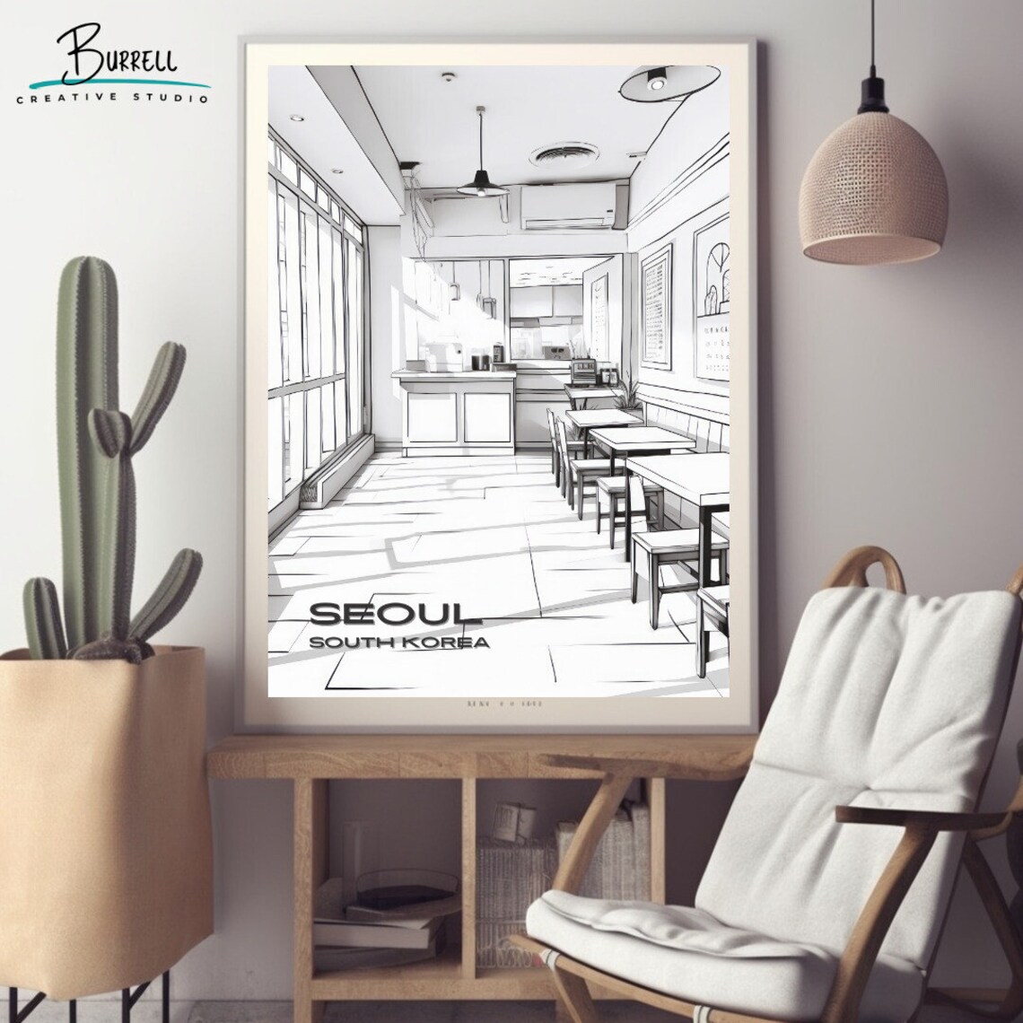 Seoul South Korea Minimalist Cafe Interior Line Art Sketch Poster - Image 2