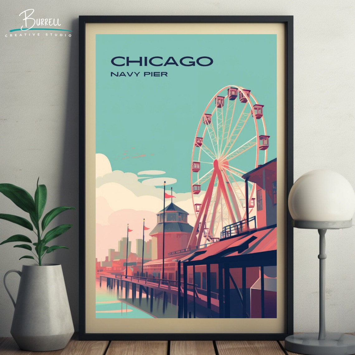 Chicago Navy Pier Ferris Wheel Retro Lakeside Sunset View Poster - Image 5