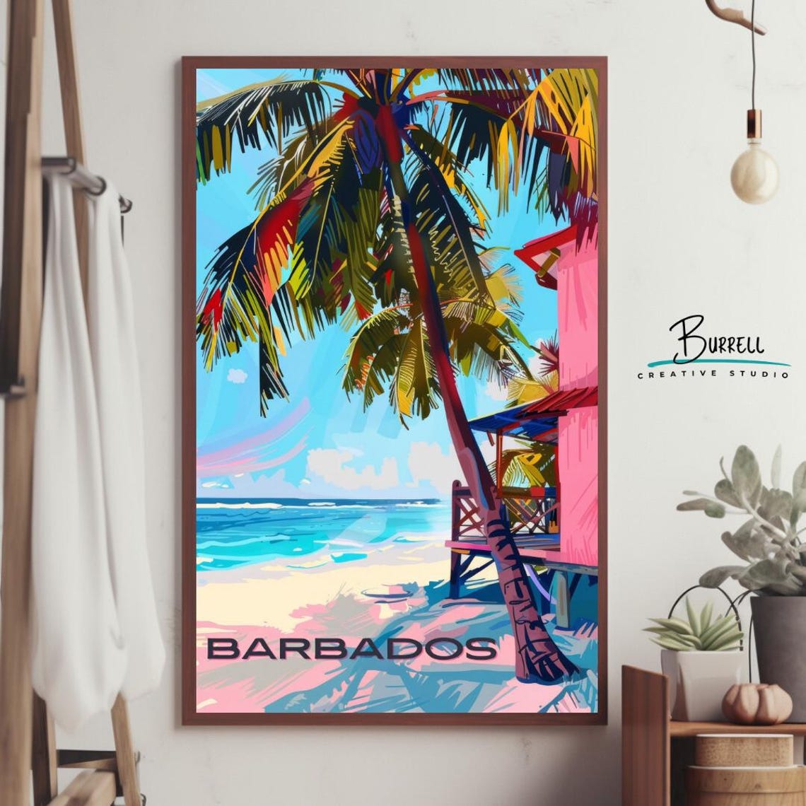 Barbados Beach Palm Trees Pink House Colorful Island Travel Poster - Image 4