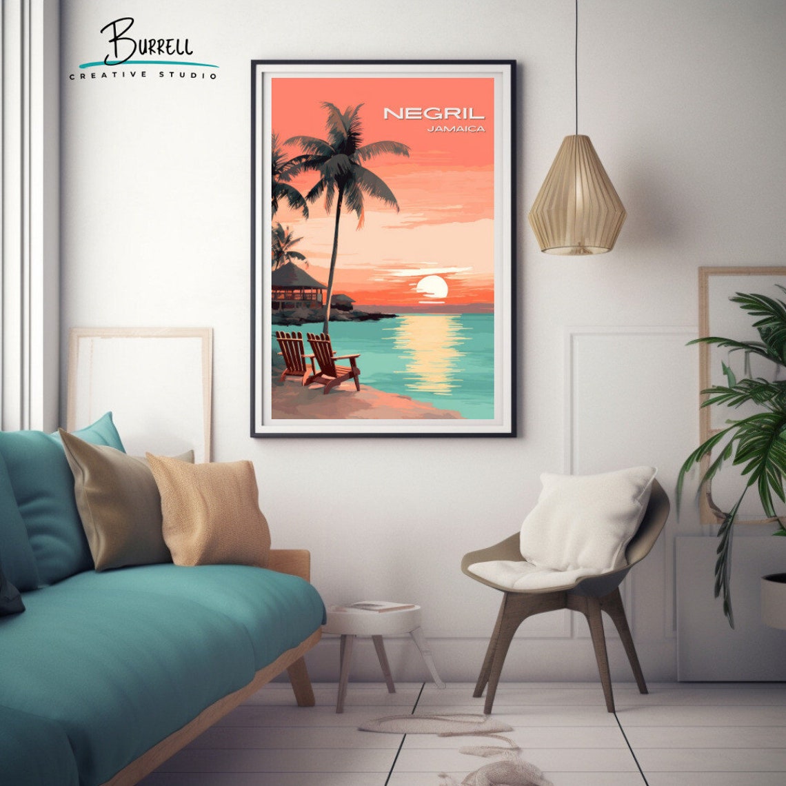 Negril Jamaica Beach Sunset Palm Chairs Tropical Travel Poster - Image 2