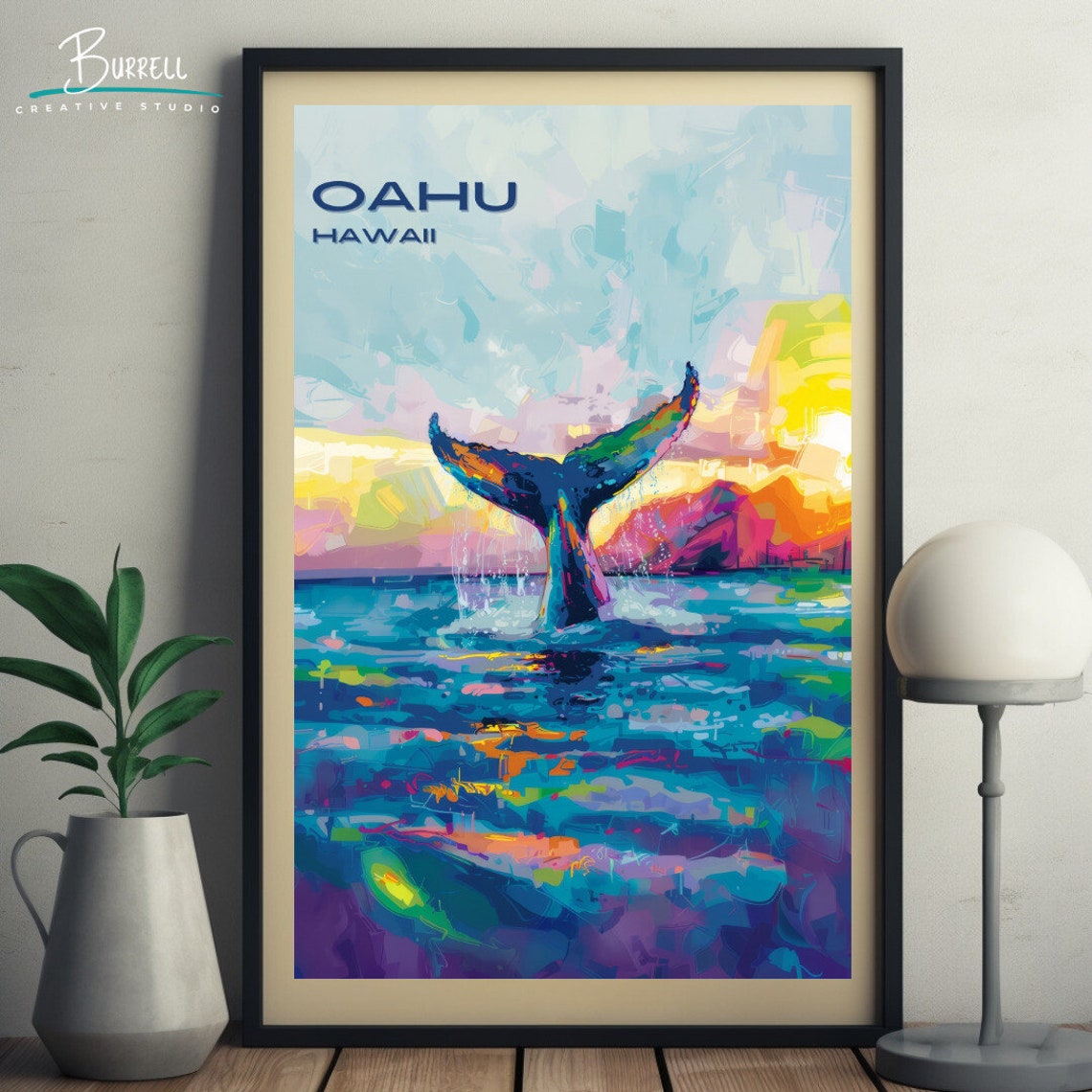Oahu Hawaii Humpback Whale Fluke Breaching Sunset Waves Poster - Image 5