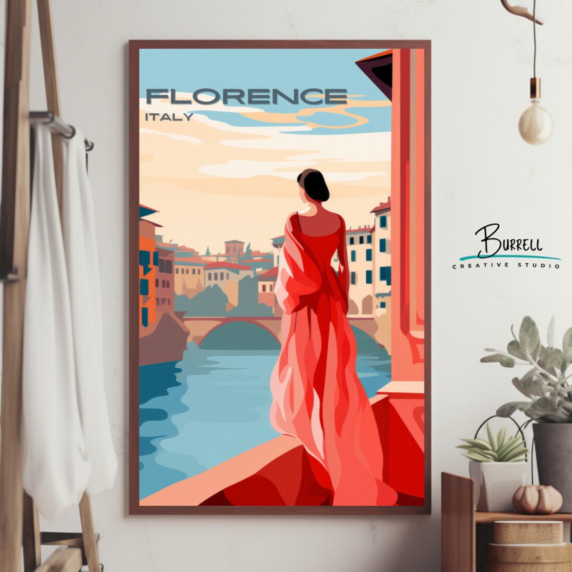 Florence Italy Woman in Red Dress Overlooking the Arno River Poster - Image 4