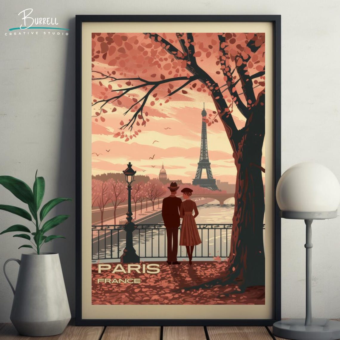 Paris France Eiffel Tower Autumn River Couple Vintage Travel Poster - Image 5