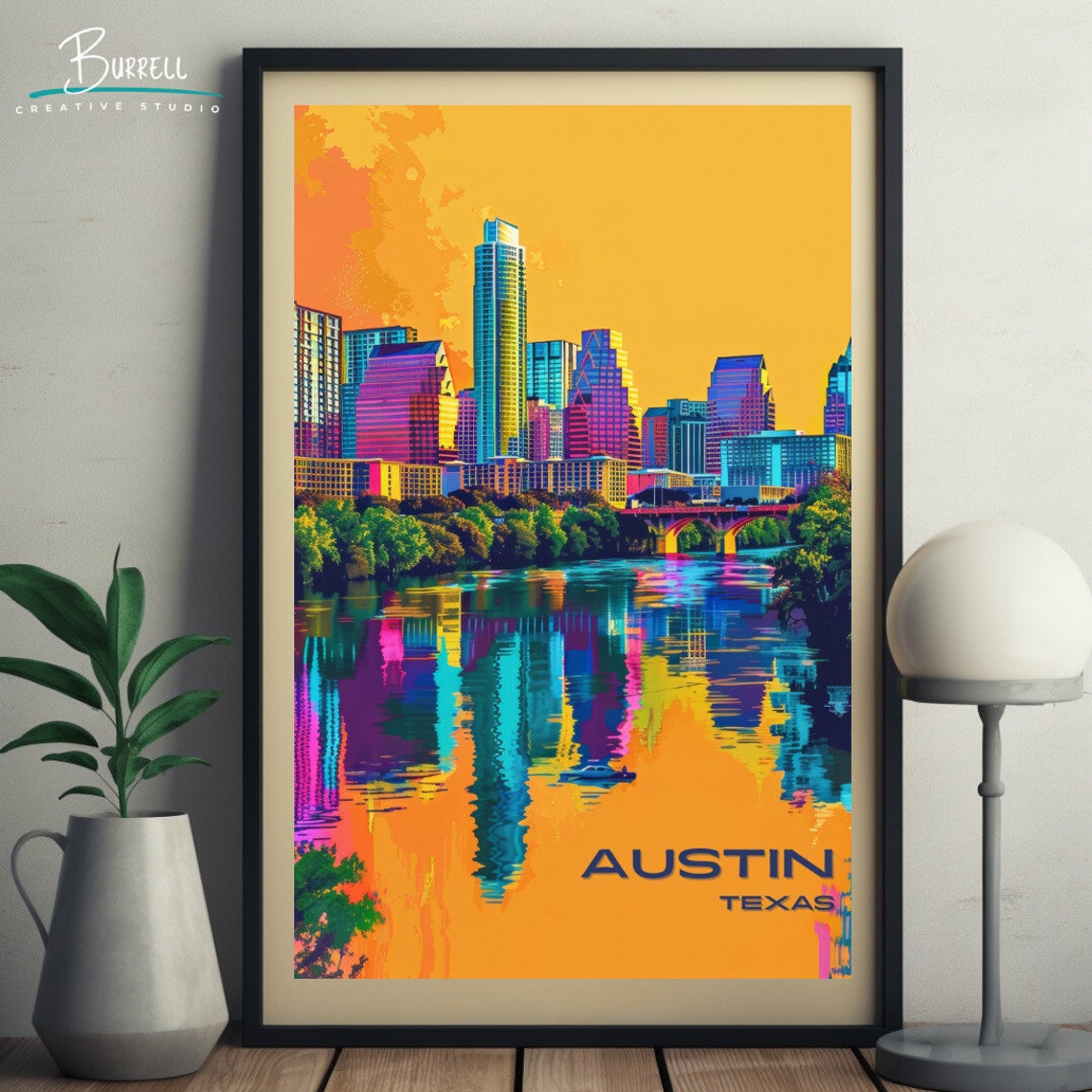 Austin Texas Skyline Neon Sunset Reflection Lady Bird Lake Poster - Image 5