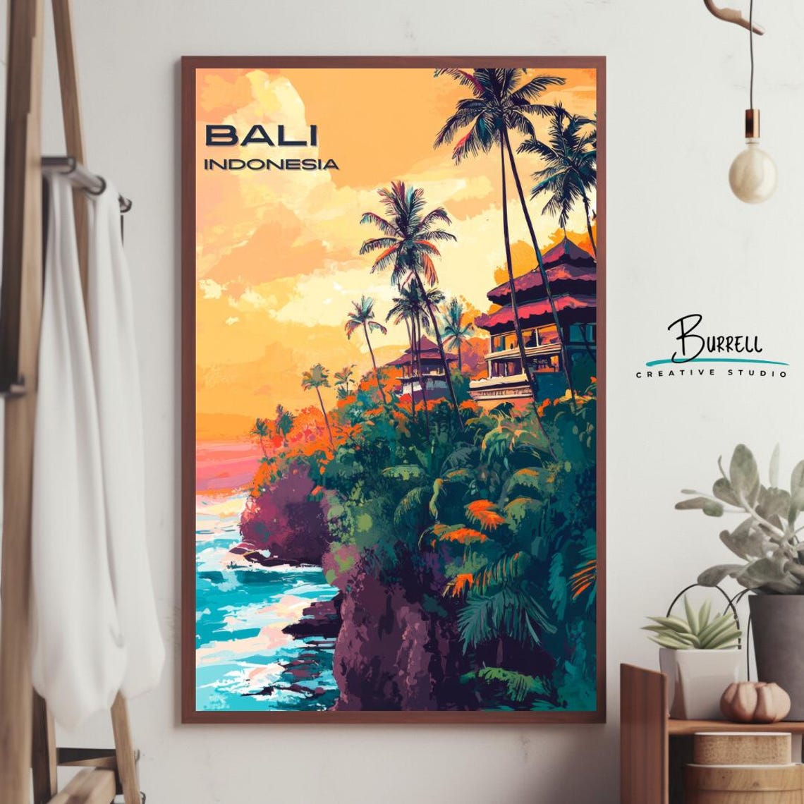 Bali Indonesia Clifftop Temple Palm Silhouette Ocean Sunset Poster - Image 4