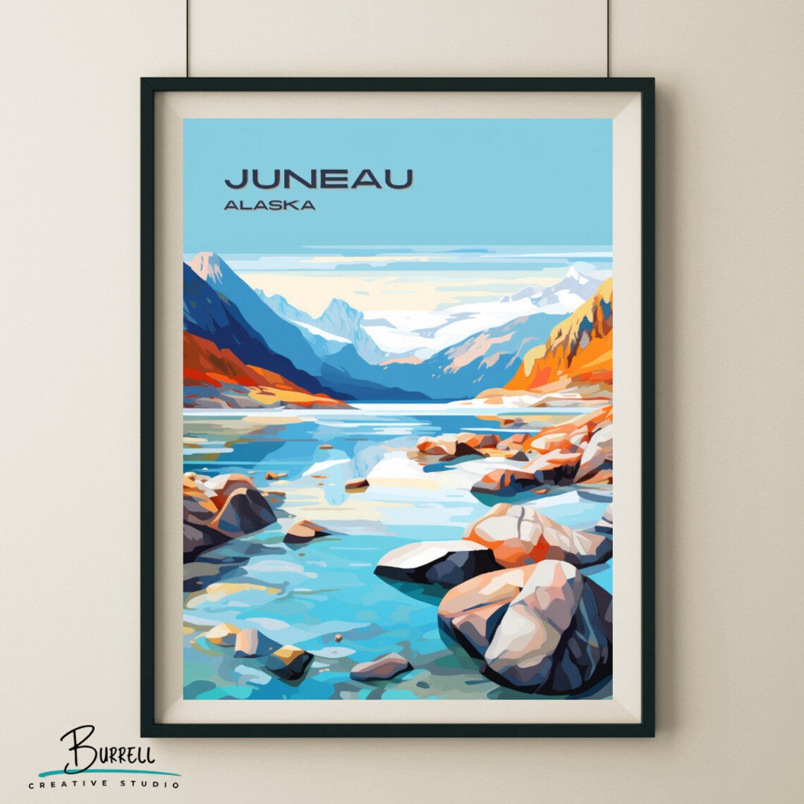 Juneau Alaska Glacial Lake Rocky Shore Snowy Peaks View Poster