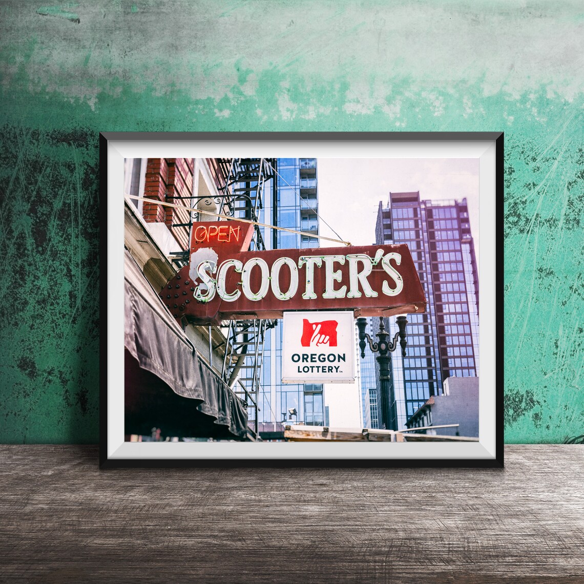 Scooters Red Neon Arrow Sign Open Oregon Lottery Portland Poster