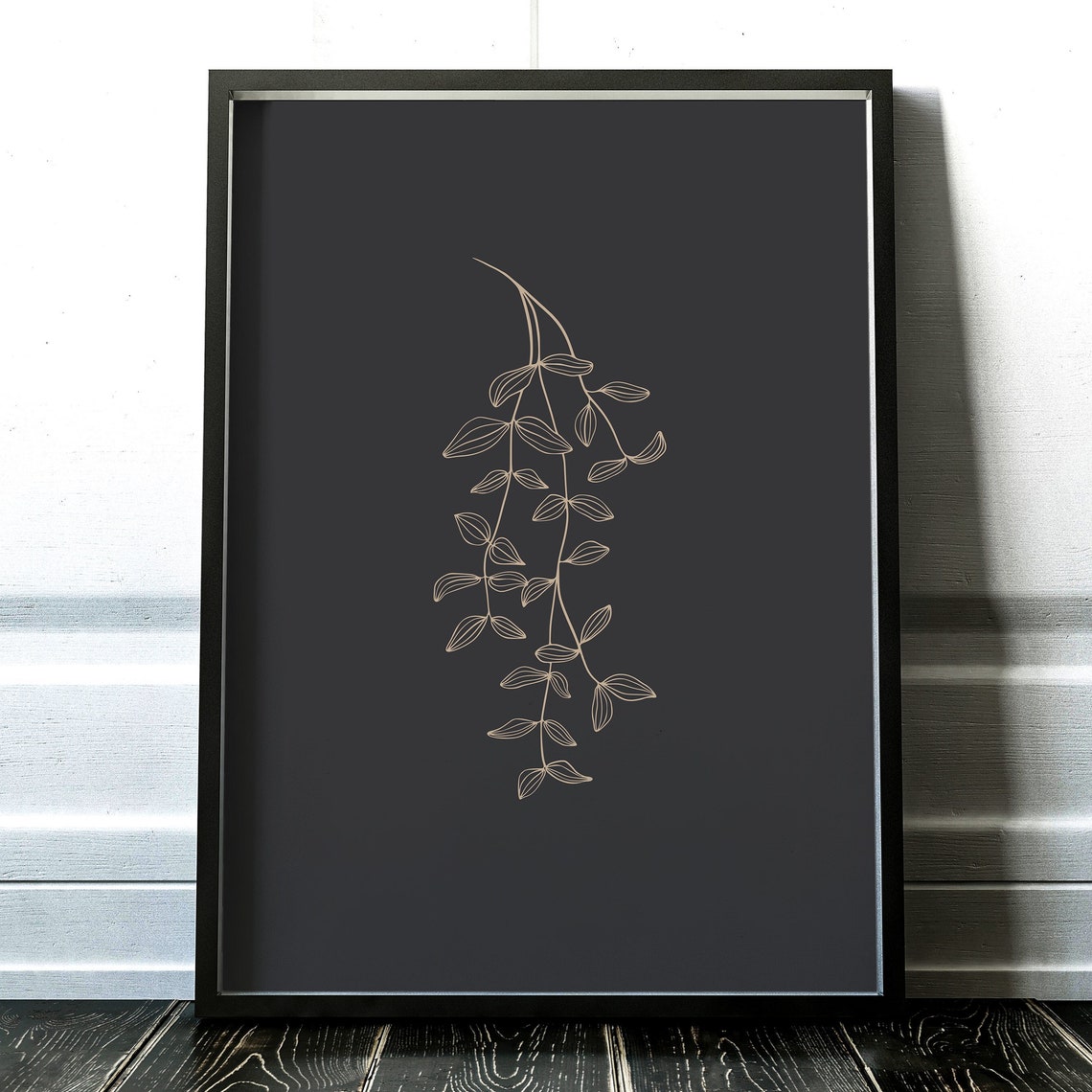 Black Minimalist Botanical Line Art Hanging Vine Leaf Poster