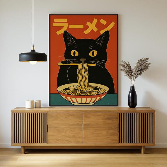 Whimsical Cat Art Canvas Print Cute Home Decor Ramen Lover Gift Kitchen Wall Japanese Themed