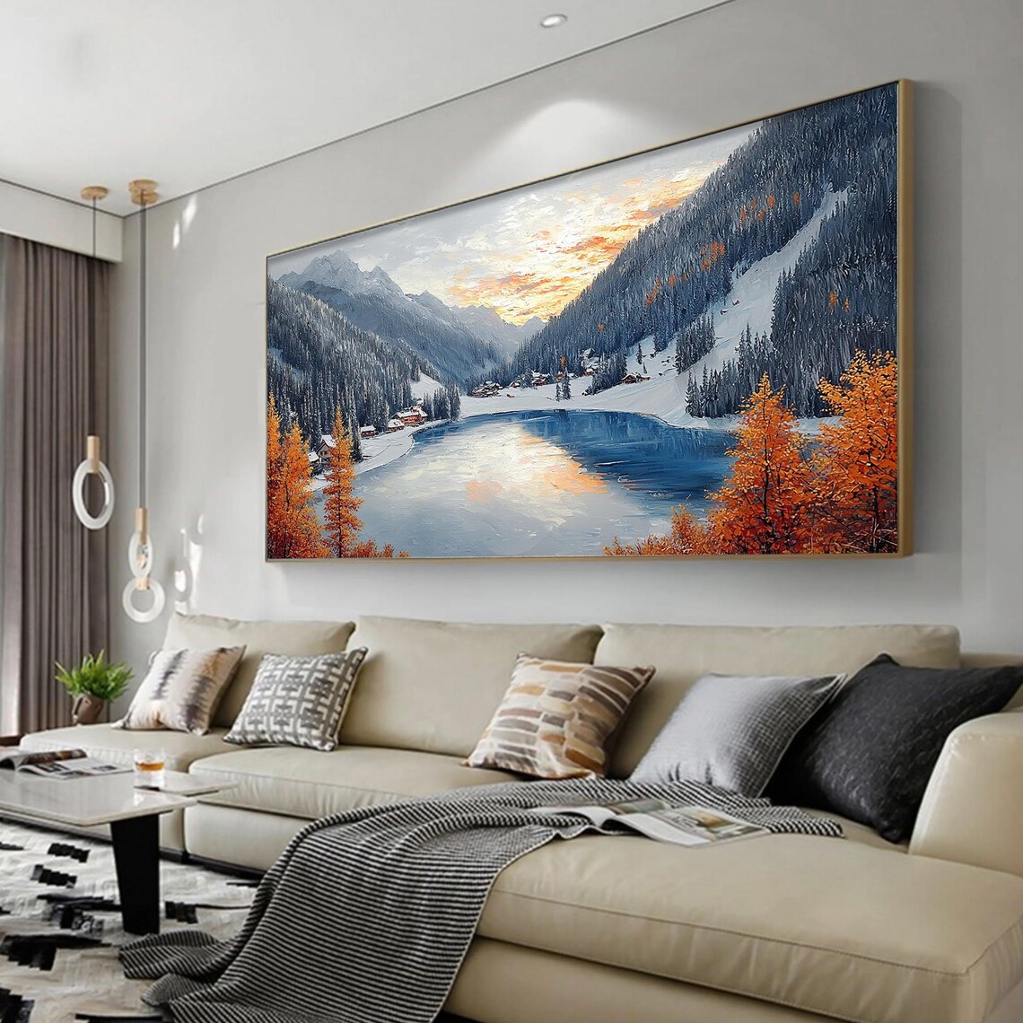 Alpine Lake Sunset Orange Larches Snow Village Impasto Art Poster - Image 5