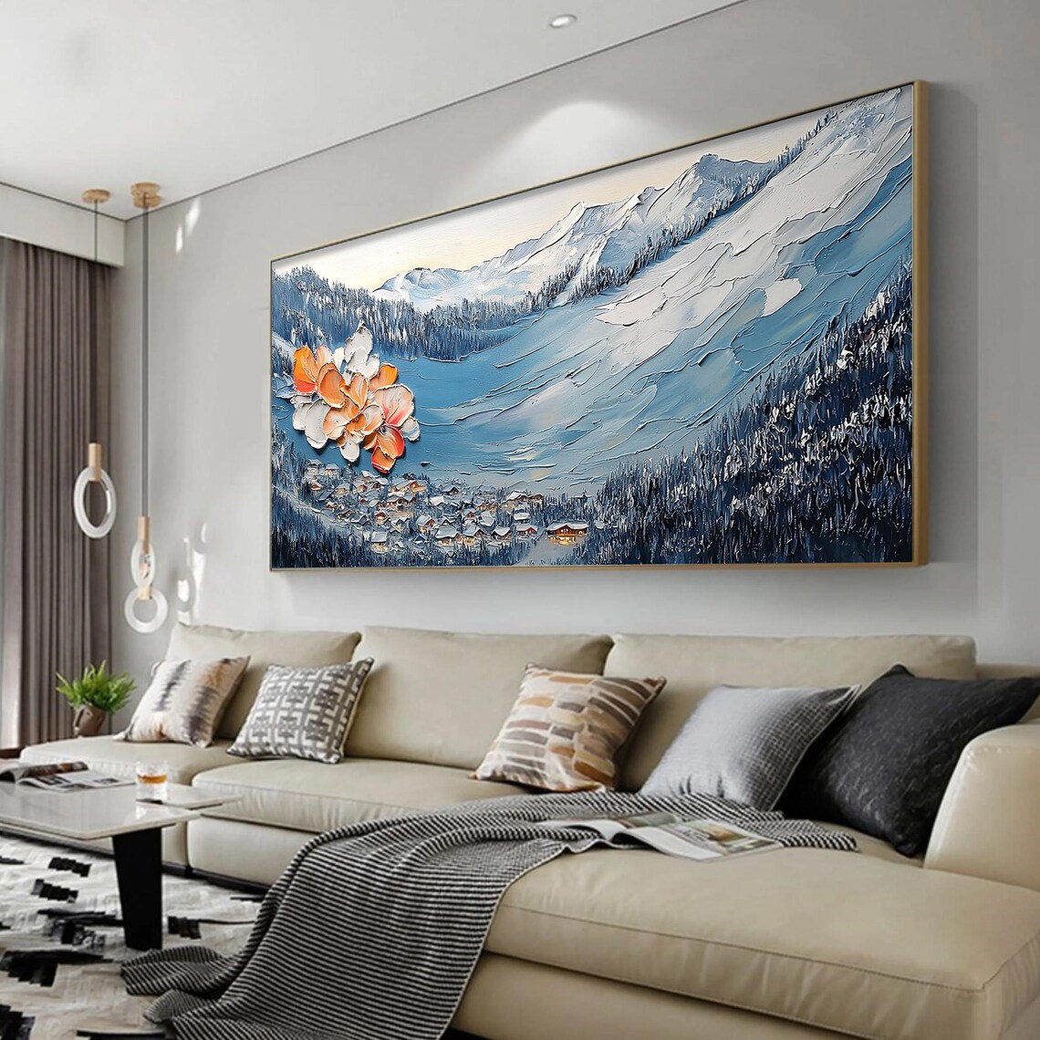 Snowy Mountain Village Giant Orange Flower Impasto Winter Art Poster - Image 5