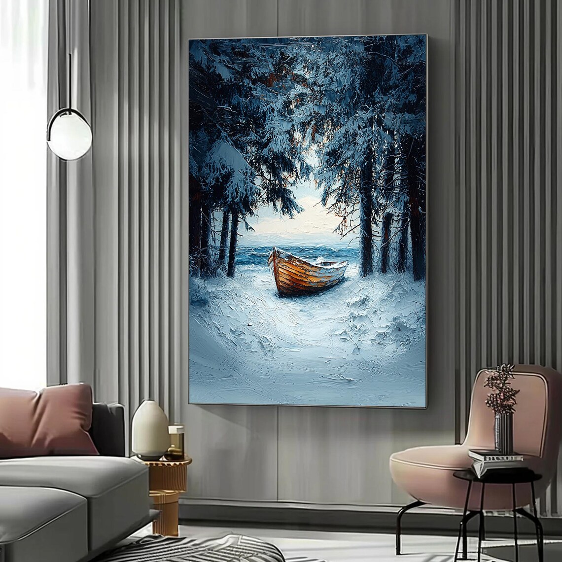 Wooden Boat Snowy Shore Pine Forest Winter Impasto Art Poster - Image 4