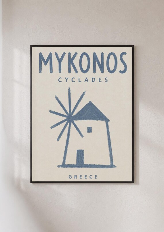 Mykonos Greece Travel Poster, Cyclades Windmill