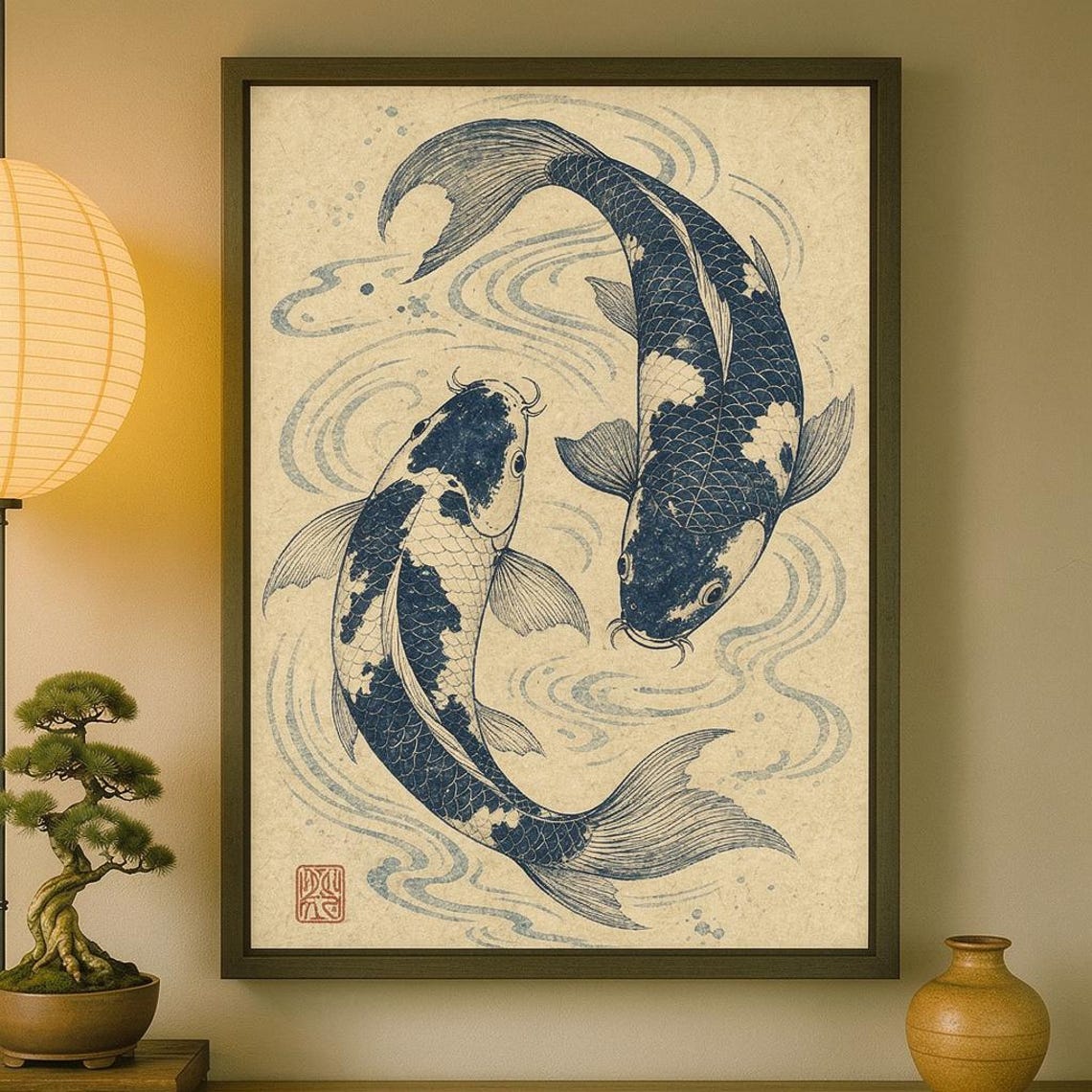 Japanese Koi Fish Print Vintage Wall Art