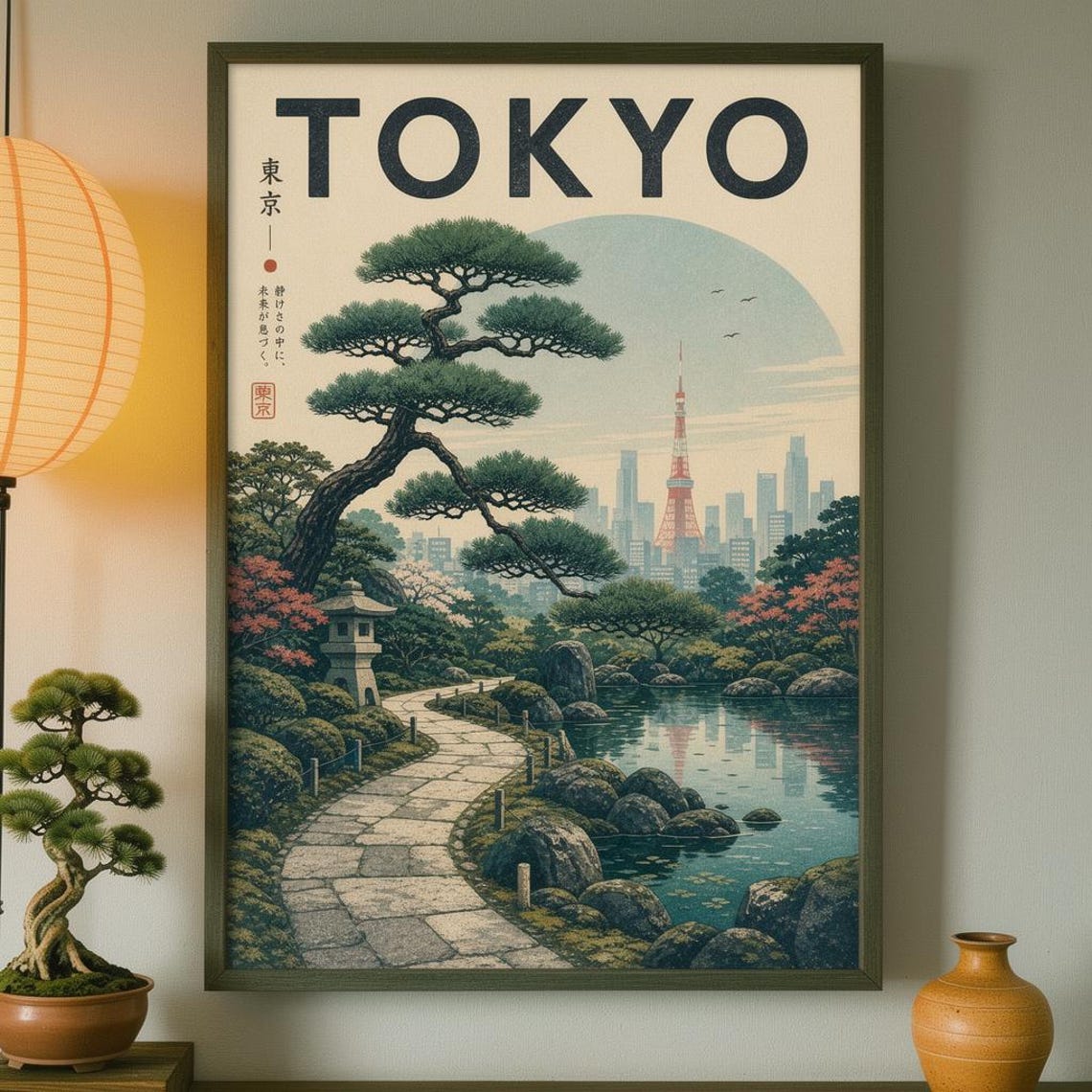 Tokyo Japan Vintage Travel Poster Pine Garden Tower Cityscape Decor