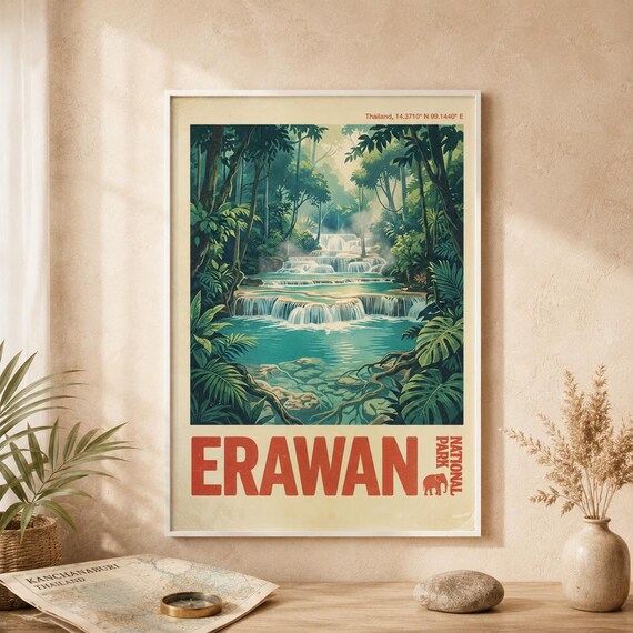 Erawan National Park Thailand Vintage Waterfall Travel Art Poster