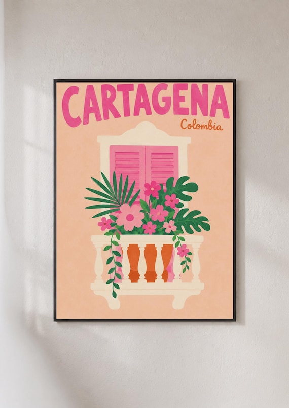 Cartagena Colombia Floral Balcony Pink Tropical Travel Poster