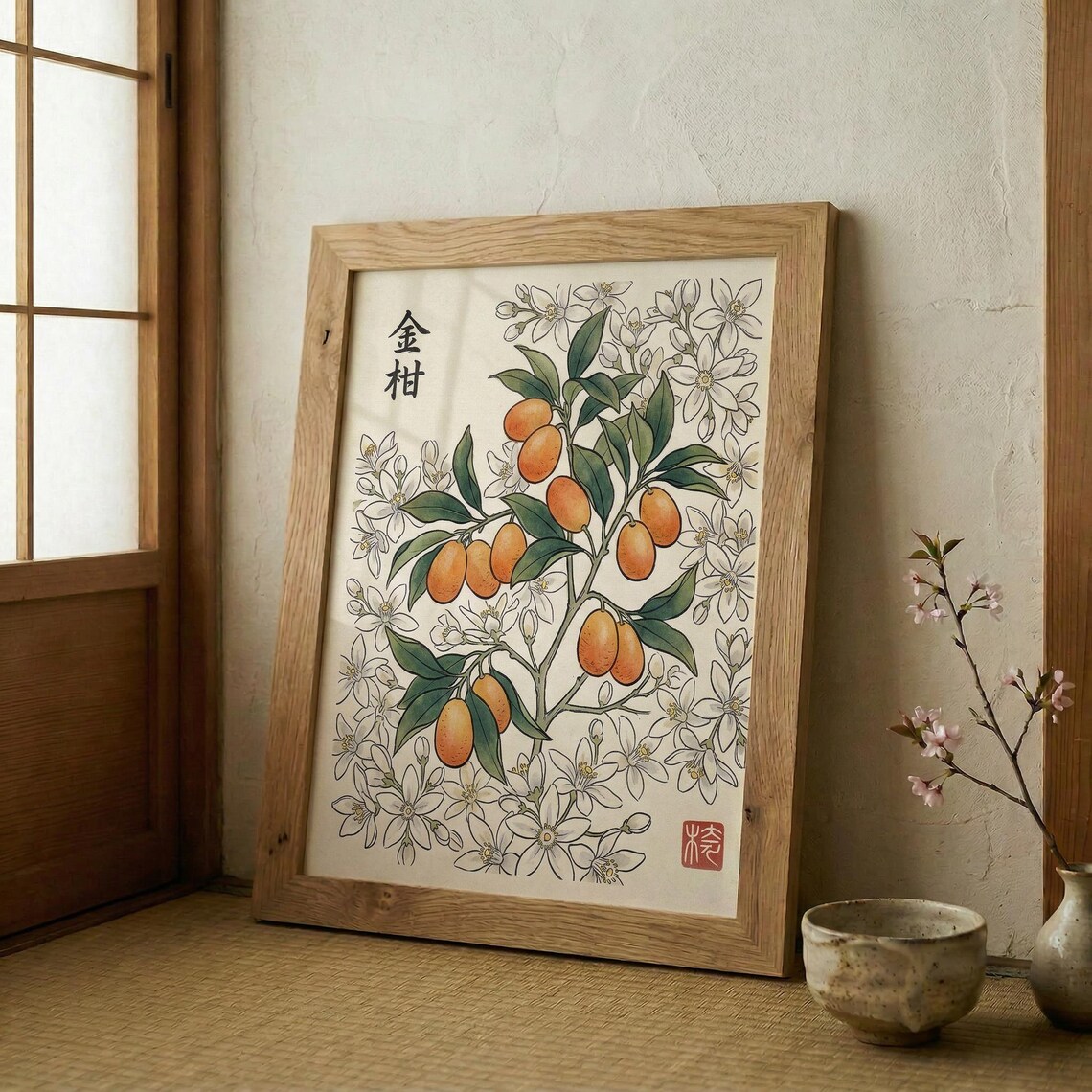 Kumquat Blossom Japanese Botanical Woodblock Style Art Print