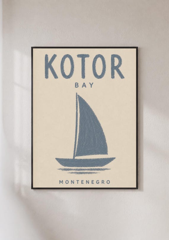 Kotor Bay Montenegro Poster Nautical Sailboat Print Adriatic Travel Wall Art Navy Blue
