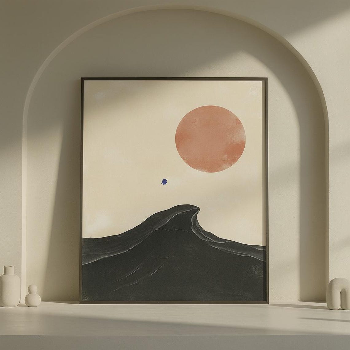 Minimalist Black Ocean Wave Terracotta Sun Abstract Wall Art