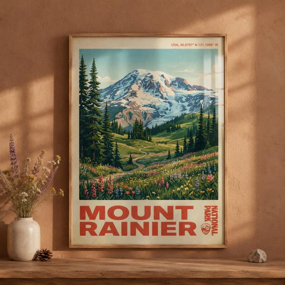 Mount Rainier National Park Print Vintage Wildflower Mountain Poster