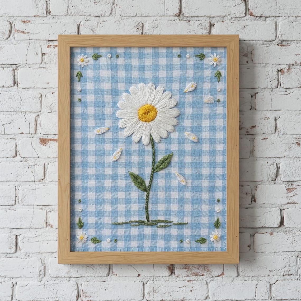 Embroidered Retro Daisy Flower Blue Gingham Cottagecore Art Print