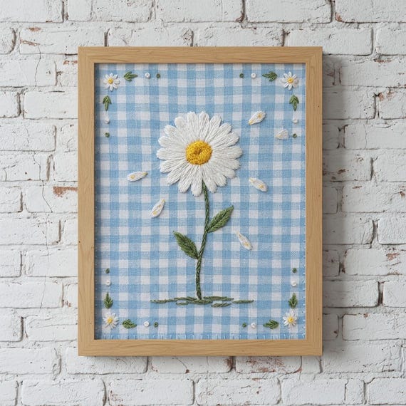 Embroidered Daisy Flower Stem Art Print Cottagecore Botanical Wall