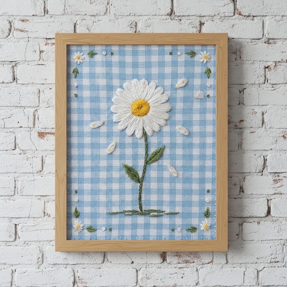 Embroidered Retro Daisy Flower Blue Gingham Cottagecore Art Print