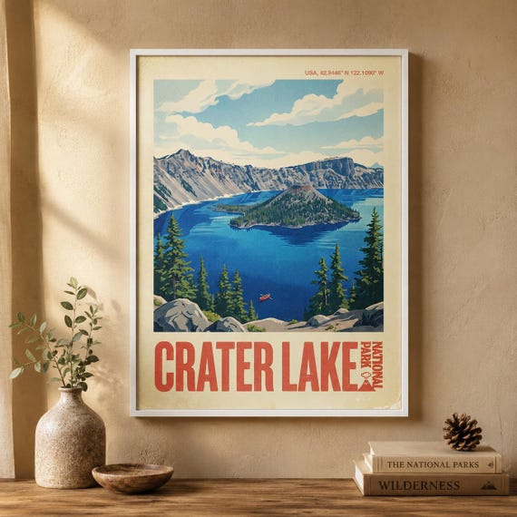 Crater Lake National Park Print Vintage Oregon Travel Poster Wizard Island Landscape