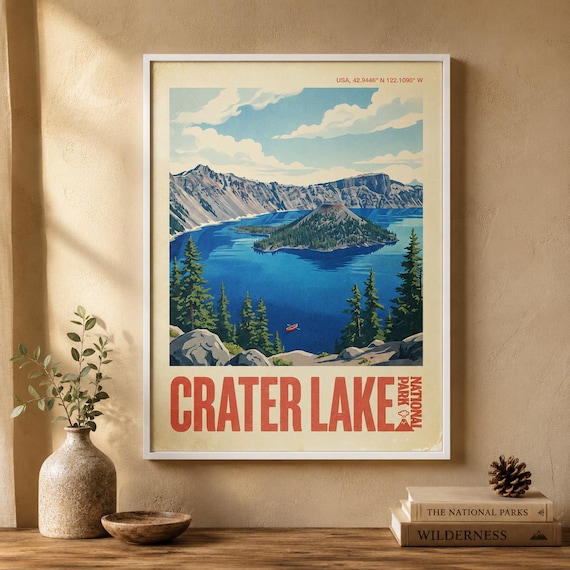 Crater Lake National Park Vintage Travel Poster Oregon Wizard Island Scenic Art