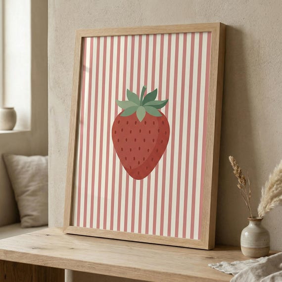 Strawberry Print Pink Stripe Minimalist Kitchen Wall Art