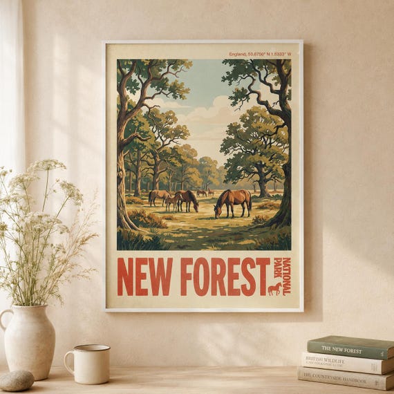 New Forest National Park Print Vintage Travel Poster Woodland Pony Landscape Art