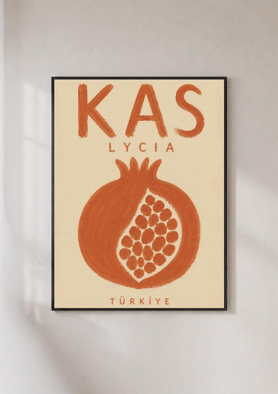 Kas Lycia Turkiye Pomegranate Retro Fruit Travel Typography Poster